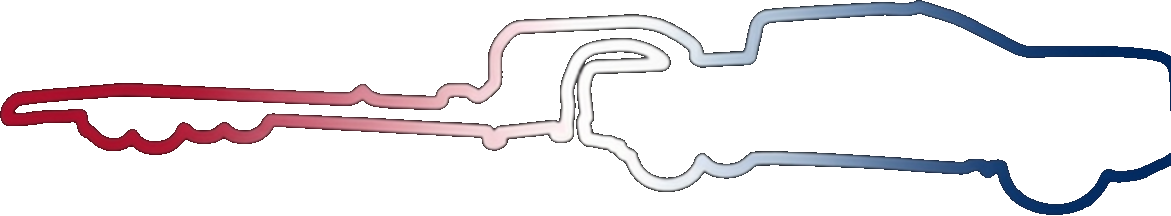 Freedom Express: a pickup towing a gooseneck flatbed, drawn as one continuous line running from red at the trailer to blue at the truck